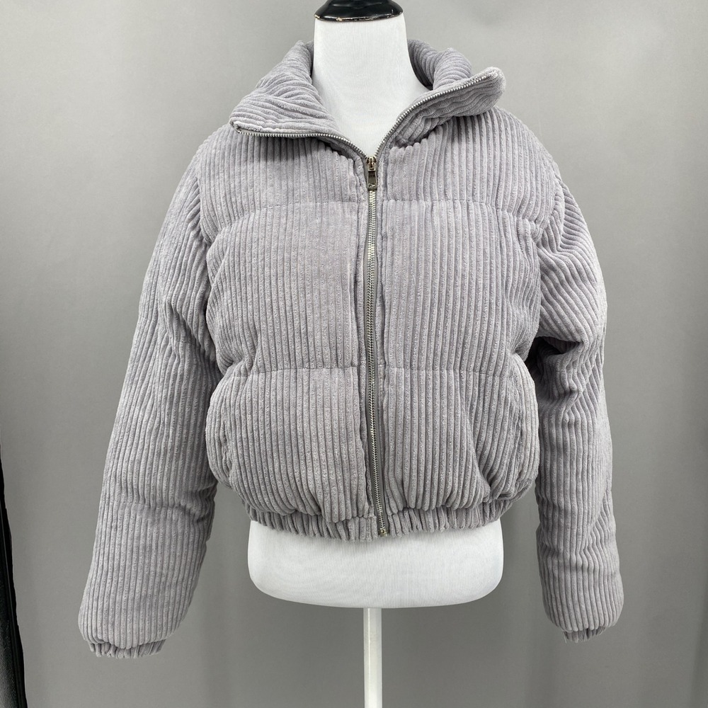 superdown Kora Corduroy Puffer Jacket Women Size M Gray Cropped Funnel Neck